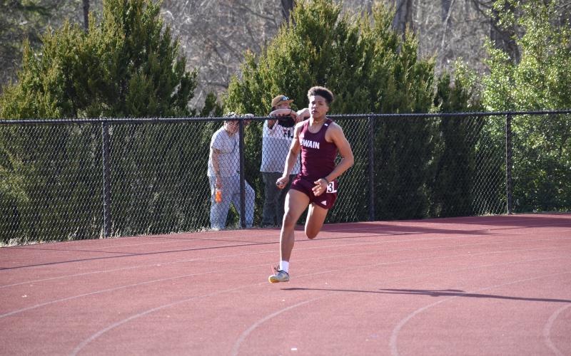 Josiah Glaspie running in the team relay at Cherokee last week. He came in 6th in the 300 meter hurdles out of 25 runners and 9th in the 100 meter dash out of 50.