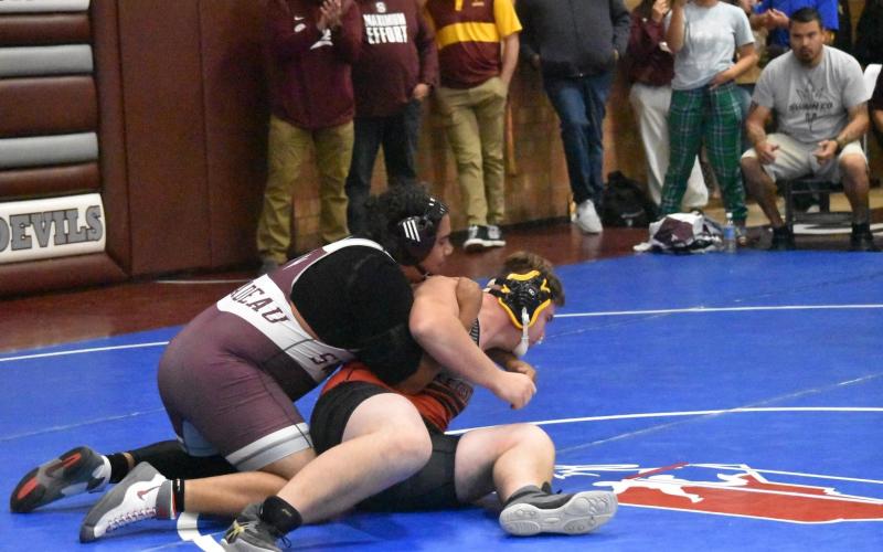 Tyce Neadeau wrestles at the Maroon Devil Invitational on Nov. 19. Swain’s next wrestling match will be this Friday at Fannin County. Photo by Joanna McMahan/Swain Schools