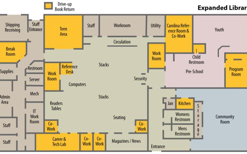 The expanded floorpan of Marianna Black Library with new services/areas highlighted in yellow