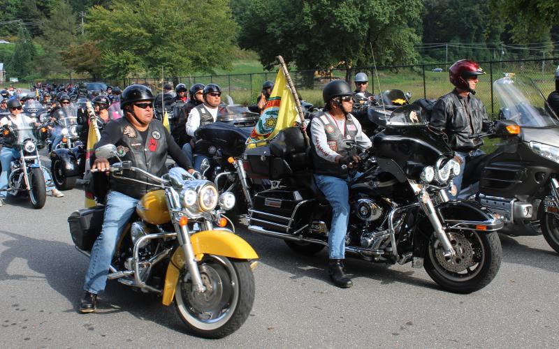 Bikers, many of whom have Cherokee or other Native American ancestry, met in Cherokee on Friday, Sept. 15 to take a long cross-state ride in tribute to their ancestors in the 1800s who were forced to leave the area by government mandate on the Trail of Tears.