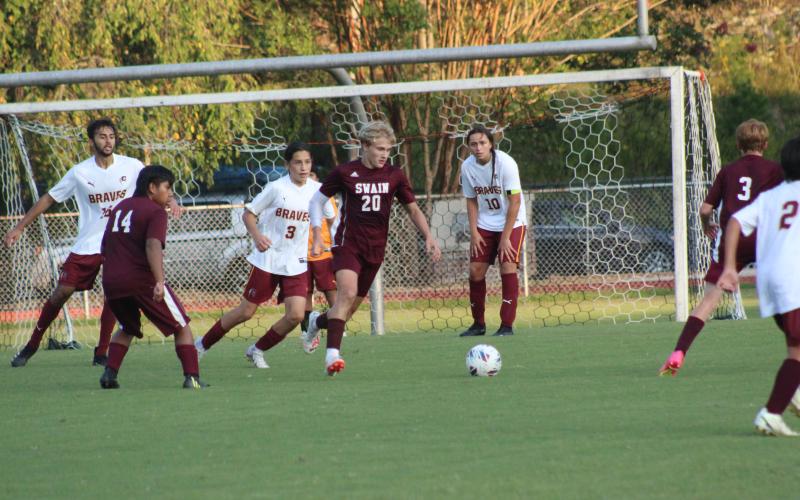 Maroon Devils freshman Abraham Pena (from left), senior Owen Craig and sophomore Evan Hall battle it out for the ball against members of the visiting Cherokee Braves at the home soccer game on Monday, Sept. 18.